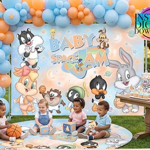 May include: A Baby Space Jam themed party backdrop featuring cartoon characters, a balloon arch in light blue and orange, a round floor mat, and a table with treats. The text reads Baby Space Jam, Tune Squad, and Instant Digital Download.