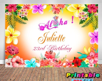 Aloha Luau Geburtstagshintergrund, Tropischer Strandpartybanner, Hawaiianische Hibiskusblumen - Digitale Datei