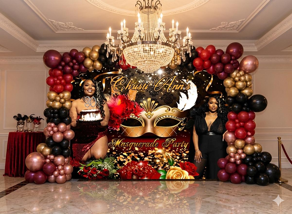 Masquerade Ball Backdrop, Venetian Night Birthday Black & Red Party ...