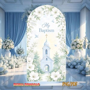 Puede incluir: Un telón de fondo arqueado con una ilustración en acuarela de una iglesia con campanario, rodeada de flores blancas y follaje verde. El texto "My Baptism" está impreso en azul sobre la iglesia, con pequeños pájaros azules.