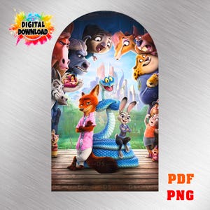 Pode incluir: Uma imagem digital para download com personagens do filme de animação Zootopia. A imagem inclui uma raposa, um coelho, uma cobra e outros personagens de animais. As palavras "DOWNLOAD DIGITAL", "PDF" e "PNG" também são visíveis.