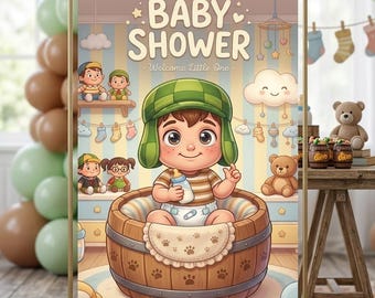 Mexican Cartoon Baby Shower Welcome Sign,Boy in Barrel Poster Board, Printable , invitation - Digital
