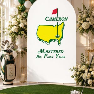 Könnte beinhalten: Ein weißer, bogenförmiger Hintergrund mit einer gelben Karte der Vereinigten Staaten mit grünem Umriss, einer roten Flagge und dem grünen Text "CAMERON MASTERED HIS FIRST YEAR". Das Design enthält eine Golfloch-Grafik auf der Karte.