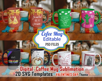 20 Valentine's Day SVG Templates, Mugs 20 Love Phrases, Editable PDF Digital Download , valentines mug