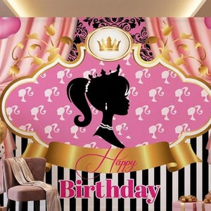 May include: A pink and black birthday backdrop featuring a central silhouette of a girl with a ponytail and crown, surrounded by gold accents, pink curtains, heart-shaped balloons, and the text Happy Birthday in a decorative gold banner.