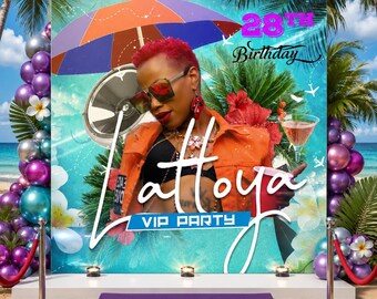 Custom Tropical Beach VIP Party Square Birthday Backdrop Photo Banner - Digital
