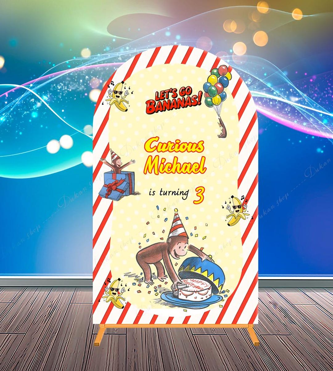 Monkey Birthday Digital Backdrop Arch Banner Custom Printable Yellow ...