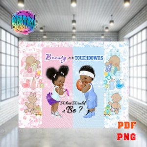 Könnte beinhalten: Ein digitaler Babyparty-Hintergrund mit dem Text "Beauty or Touchdowns? What Would it Be?" mit Illustrationen eines kleinen Mädchens und eines kleinen Jungen. Der Hintergrund ist rosa und blau mit Baby-Grafiken.