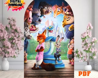 May include: A digital download featuring a vibrant illustration of characters from the animated movie Zootopia. The artwork showcases Nick Wilde, Judy Hopps, and other characters in a colorful, detailed scene. The image includes the text "DIGITAL DOWNLOAD" and "PDF PNG".