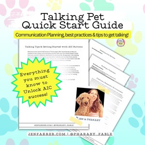 Puede incluir: Un gráfico de estrella amarilla con el texto "¡Todo lo que debes saber para desbloquear el éxito de AIC!" Una guía con el título "Guía de inicio rápido para mascotas parlantes" y el texto "¡Planificación de la comunicación, mejores prácticas y consejos para empezar a hablar!" La guía incluye secciones sobre "Consejos para hablar y empezar con los botones AIC", "Modelado con botones", "Construcción de un vocabulario" y "Creación de un entorno respetuoso".