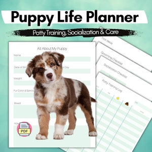 Agenda pour chiots | Feuille de travail imprimable sur la propreté | Liste de contrôle de socialisation | Examen des jouets et friandises | Traqueur de dressage de chiots | Étapes importantes pour les chiots