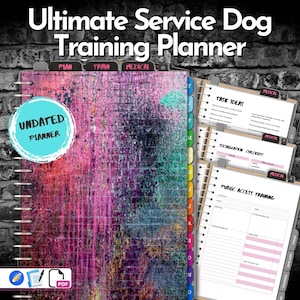 May include: A pink, blue, and black planner with a colorful abstract design. The planner is undated and has tabs for "Plan", "Train", and "Medical". The planner also includes sections for "Task Ideas", "Socialization Checklist", and "Public Access Training".