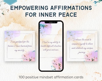 Positive Mindset Affirmation Cards - Anti-Anxiety Mindset - Positive Meditations - Instant Download 100 Cards - Vertical & Square
