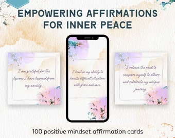 Positive Mindset Affirmation Cards - Anti-Anxiety Mindset - Positive Meditations - Instant Download 100 Cards - Vertical & Square