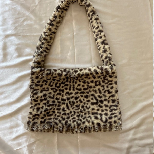 Small Fluffy Cheetah Print Bag - Brown Animal Print Fuzzy Purse - y2k purse - Animal Print Tote bag