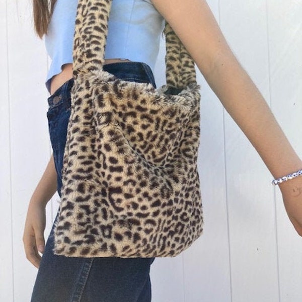 Sac à imprimé guépard moelleux moyen - Sac à main flou Brown Animal Print - Sac fourre-tout y2k - Sac à main Animal Print