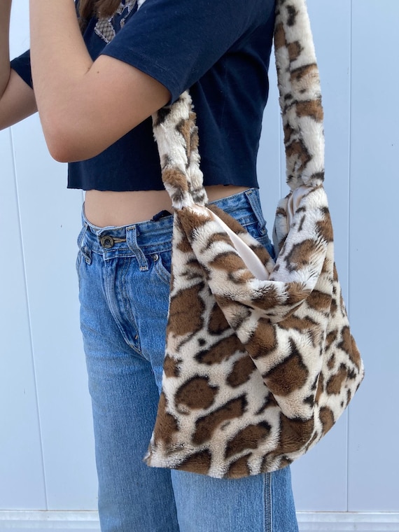 Large Fluffy Giraffe Print Bag Brown Animal Print Fuzzy Purse Y2k