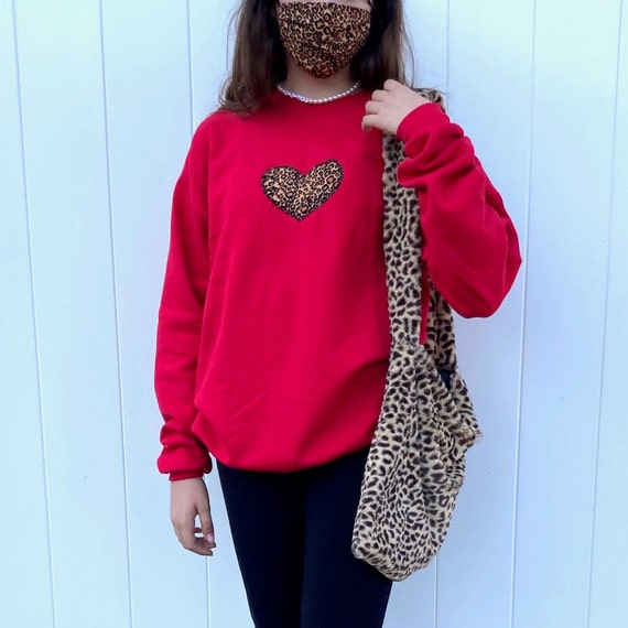 URTHco Red Cheetah Heart Crewneck Sweatshirt and Matching Mask Set