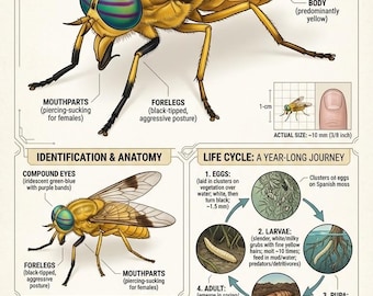 Yellow Fly Poster - Diachlorus ferrugatus Scientific Illustration Print - Vintage Style Entomology Wall Art - Educational Insect Infographic