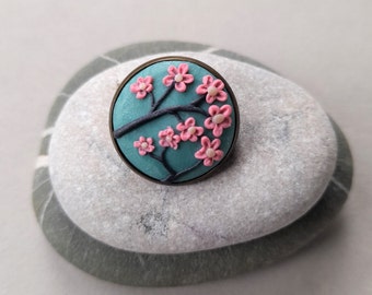 Botanical cherry blossom polymer clay brooch, handmade, bronze tone bezel