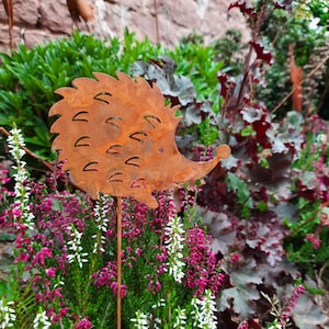 Könnte beinhalten: Ein rostiger Metall-Igel-Gartenpfahl mit einem verspielten Design. Der Pfahl ist in einem Beet mit rosa und weißen Heidekrautpflanzen platziert.