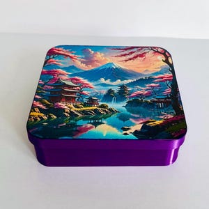 Unique Purple Jewelry Box Japan Nature Inspired Jewelry Box Square Trinket Box 3D Printing Art Box Mount Fuji Blooming Cherry Trees Design