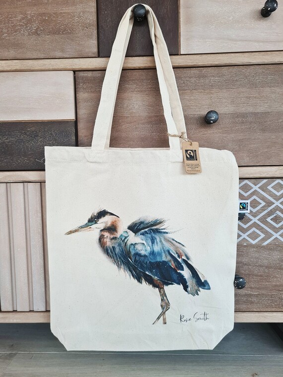 Fair Trade Organic Cotton Canvas Tote Bag Heron Watercolour 