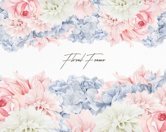 Pastel Floral Frame, Watercolor flowers border for wedding, invitation, card - Digital Download PNG file