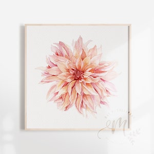 May include: A watercolor painting of a pink and peach dahlia flower. The flower is in bloom and has many petals. The background is white.
