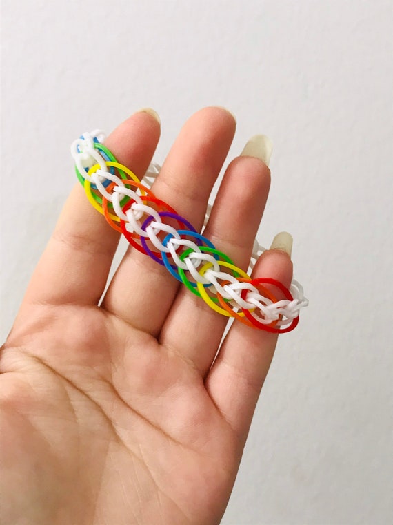 Rainbow and White Single With Rings Rainbow Loom Bracelet. Etsy