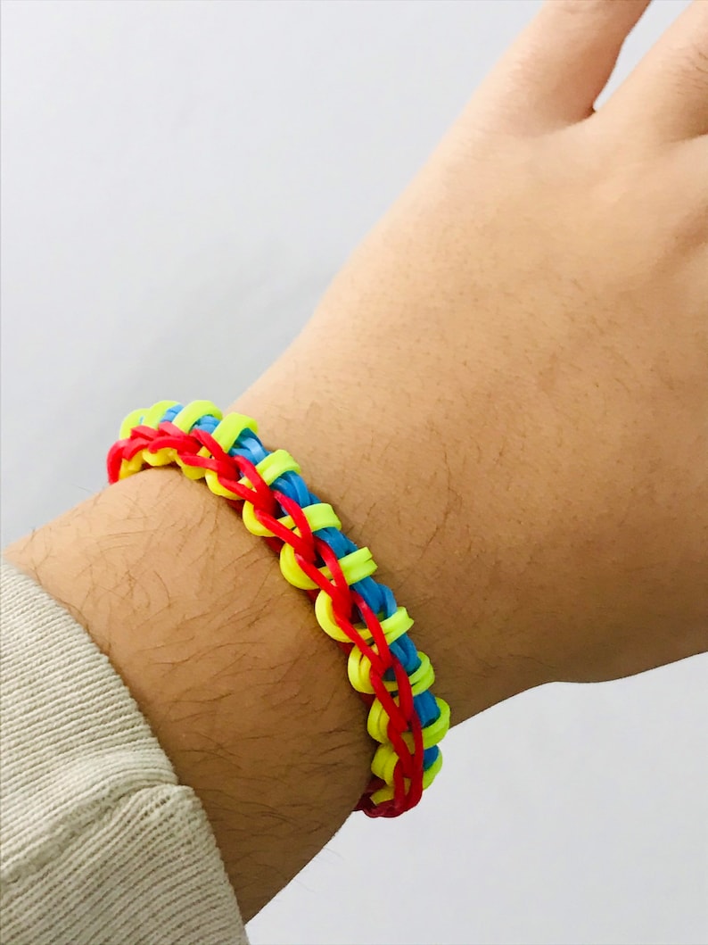 blue Red yellow rainbow loom origami bracelet.