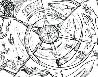 Underwater Fantasy Wheel, Childrens Colouring Page, Adult Colouring Printable
