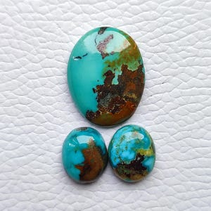 May include: Three turquoise gemstones with brown matrix patterns. The largest is oval-shaped, while the other two are smaller and more rounded. The stones have a polished, glossy finish and are set against a white background.