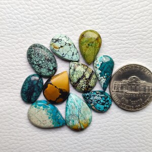 Op de afbeelding: Een verzameling van 10 turquoise cabochons in verschillende tinten blauw, groen en bruin. De cabochons zijn allemaal traanvormig en hebben een gladde, gepolijste afwerking. Ze zijn in een cluster op een wit oppervlak gerangschikt.