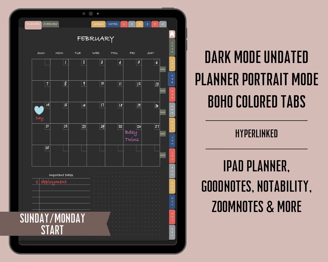 Dark Mode Digital Planner Portrait Undated, Goodnotes Planner, iPad ...