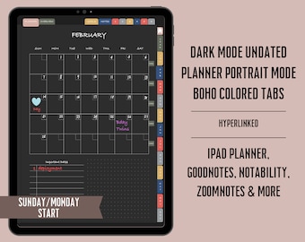 Dark Mode Digital Planner Portrait Undated, Goodnotes Planner, iPad Planner, Notability, Black Digital Planner Hyperlinked, Boho Planner