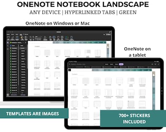 May include: A screenshot of a digital notebook app with a green theme. The app is open to a page with a variety of grid and lined templates. The text "OneNote on Windows or Mac" and "OneNote on a tablet" is visible. The text "TEMPLATES ARE IMAGES" and "700+ STICKERS INCLUDED" is also visible.
