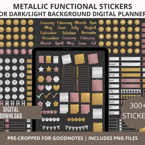 Digital Planner Stickers, Precropped Goodnotes Stickers, Dates Days Months PNG Stickers, Metallic Essential Stickers, Dark Mode Stickers