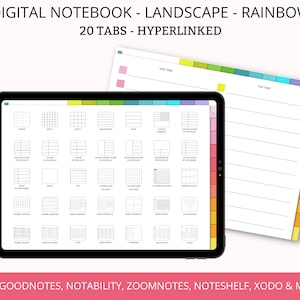 Puede incluir: Un cuaderno digital con 20 pestañas, cada una con un diseño diferente, incluyendo páginas cuadriculadas, rayadas y en blanco. Las pestañas están codificadas por colores en un patrón de arcoíris. El cuaderno está diseñado para su uso con Goodnotes, Notability, Zoomnotes, Noteshelf, Xodo y otras aplicaciones para tomar notas.
