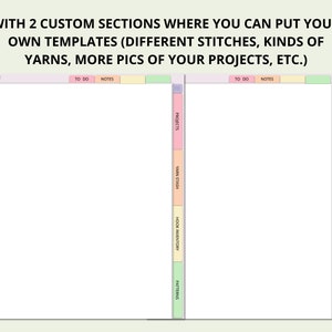 May include: Two printable pages with sections for organizing crochet projects. The sections include "To Do", "Notes", "Projects", "Yarn Stash", "Hook Inventory", and "Patterns".