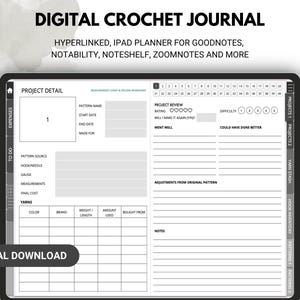May include: A digital crochet journal planner for iPad apps like Goodnotes, Notability, Noteshelf, and Zoomnotes. The journal includes sections for project details, yarn stash, hook inventory, and project reviews.