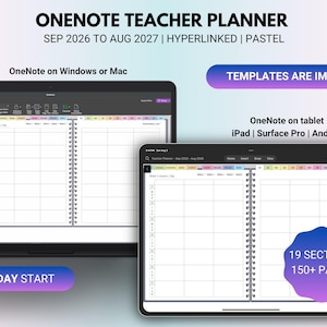 May include: A digital OneNote teacher planner for September 2026 to August 2027 featuring a Monday start, hyperlinked pastel tabs, 19 sections, and 150+ pages. The planner is displayed on a laptop and a tablet screen showing weekly lesson layouts.