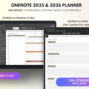 Planificador digital OneNote 2025-2026, plantillas con hipervínculos diarios, semanales y mensuales, compatible con iPad y Surface Pro