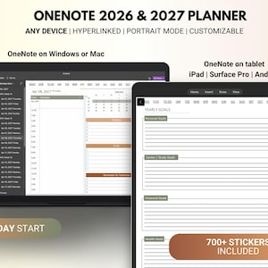 2026-2027 OneNote Digital Planner, Daily, Weekly, Monthly Hyperlinked Templates, Compatible with iPad & Surface Pro