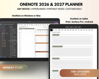 2026-2027 OneNote Digital Planner, Daily, Weekly, Monthly Hyperlinked Templates, Compatible with iPad & Surface Pro
