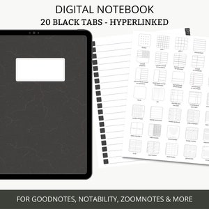 Digital Notebook with Tabs, 20 Hyperlinked Android Notebook, Digital Student Notebook, Goodnotes Notes Template, Black Digital Journal