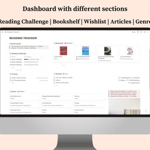 May include: A computer screen displaying a reading tracker dashboard with sections for reading challenges, bookshelf, wishlist, articles, and genres. The dashboard has a light gray background with white text and icons. The bookshelf section shows covers of three books: "Good Talk", "Disappearing Earth", and "On Earth We're Briefly Gorgeous".