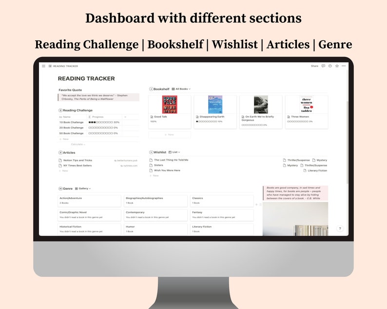 May include: A computer screen displaying a reading tracker dashboard with sections for reading challenges, bookshelf, wishlist, articles, and genres. The dashboard has a light gray background with white text and icons. The bookshelf section shows covers of three books: "Good Talk", "Disappearing Earth", and "On Earth We're Briefly Gorgeous".