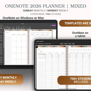 Puede incluir: Un planificador digital que se muestra en una computadora portátil y una tableta. El planificador incluye diseños mensuales de domingo y semanales de lunes, con más de 700 pegatinas. El texto de la imagen dice "OneNote 2026 Planner | Mixed".