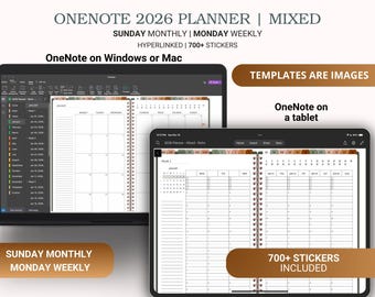 2026 OneNote プランナー（日曜・月曜・月曜・週報）、デジタルプランナーテンプレート（Windows、Mac、iPad、Android、Surface Pro）One Note ジャーナル